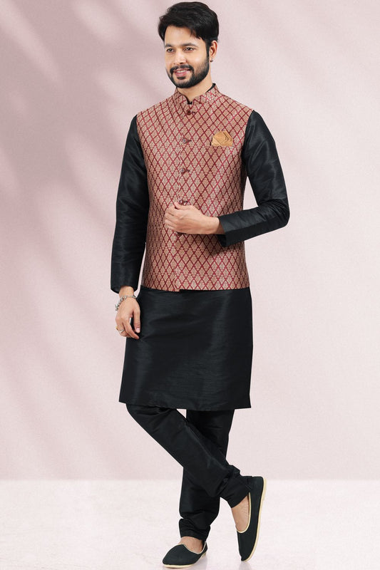 Maroon Jaquard Banarasi Silk Nehru Jacket (NMK-6690) - Nihal Fashions