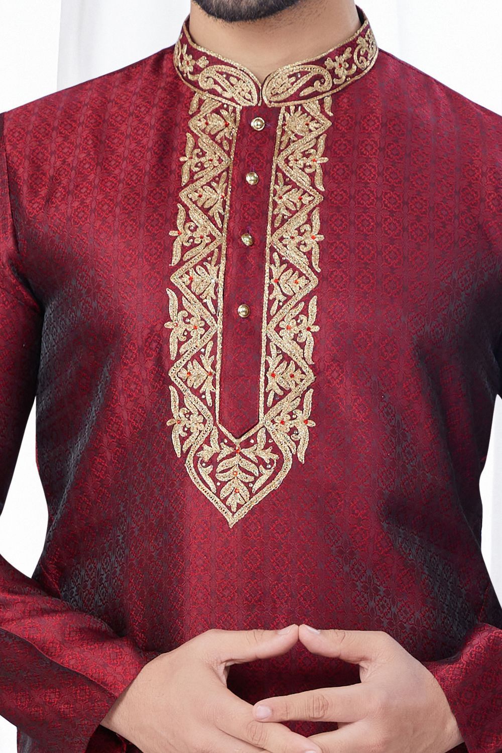 Maroon Jaquard Indian Kurta Pajama (NMK-7820) - Nihal Fashions