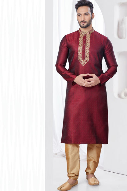 Maroon Jaquard Indian Kurta Pajama (NMK-7820) - Nihal Fashions