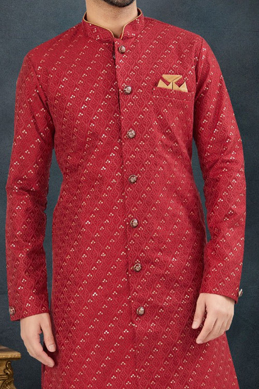 Maroon Jaquard Indo Western (NMK-7615) - Nihal Fashions