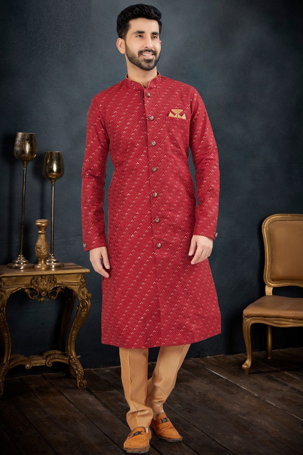 Maroon Jaquard Indo Western (NMK-7615) - Nihal Fashions