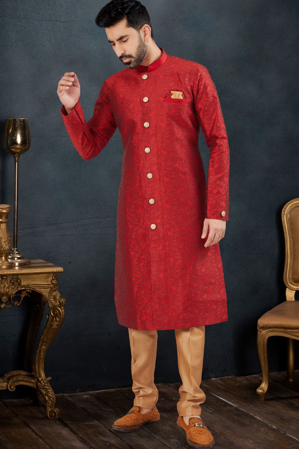 Maroon Jaquard Indo Western (NMK-7620) - Nihal Fashions