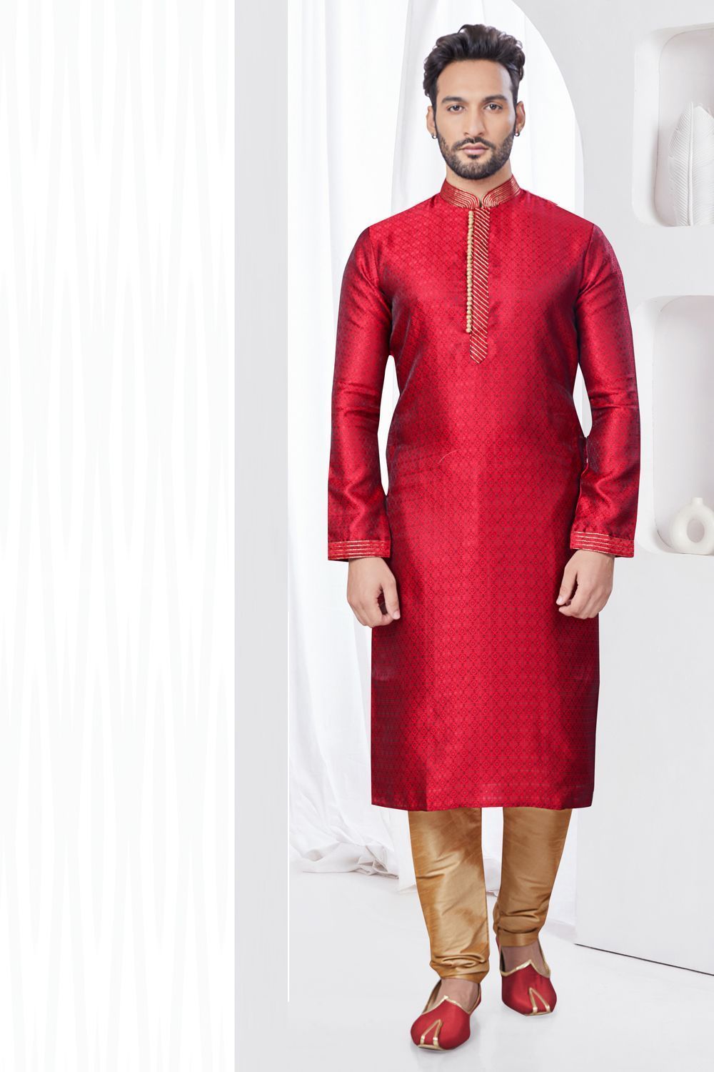Maroon Jaquard Kurta Pajama for Men (NMK-7807) - Nihal Fashions