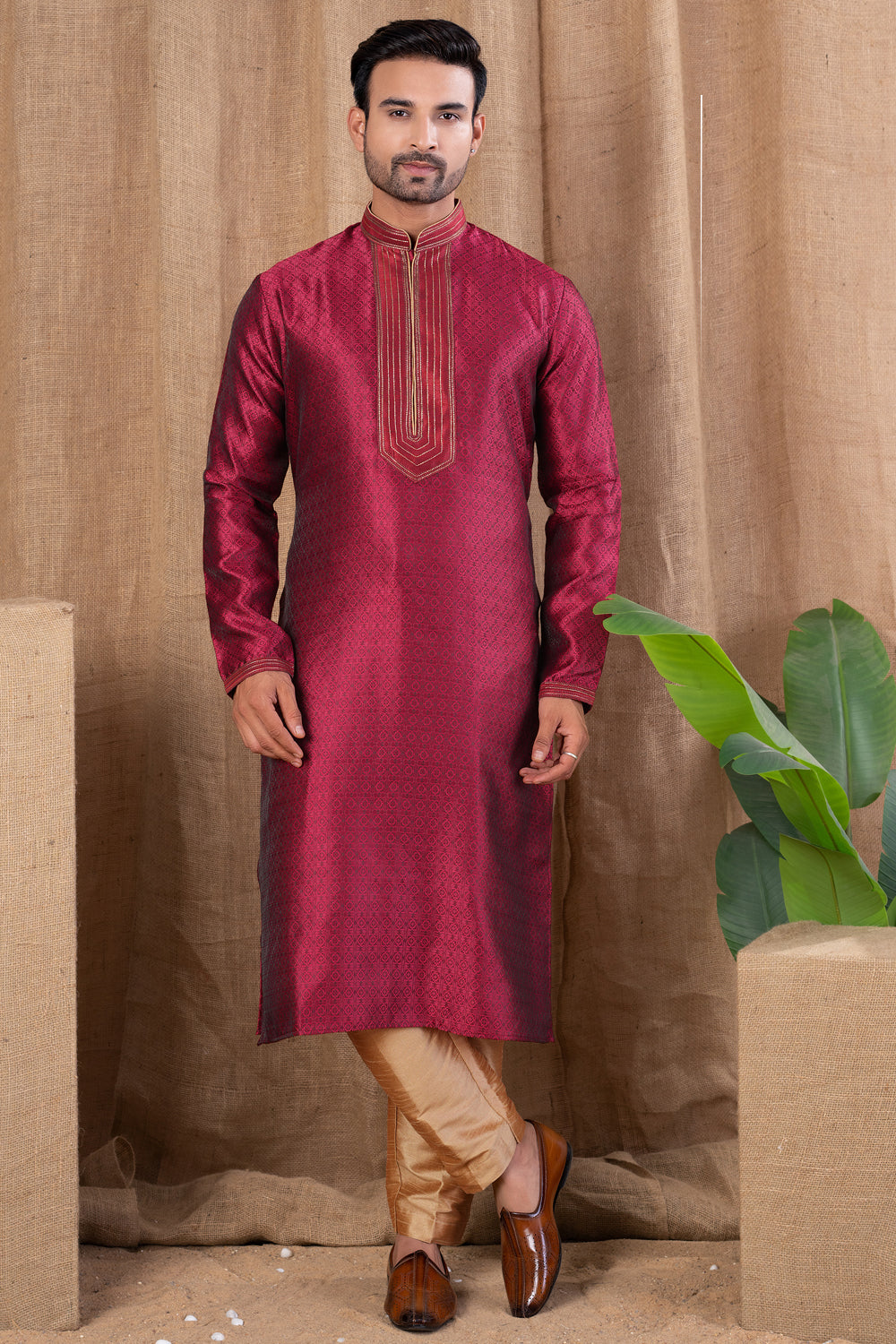 Maroon Jaquard Kurta Pajama for Men (NMK-8495) - Nihal Fashions