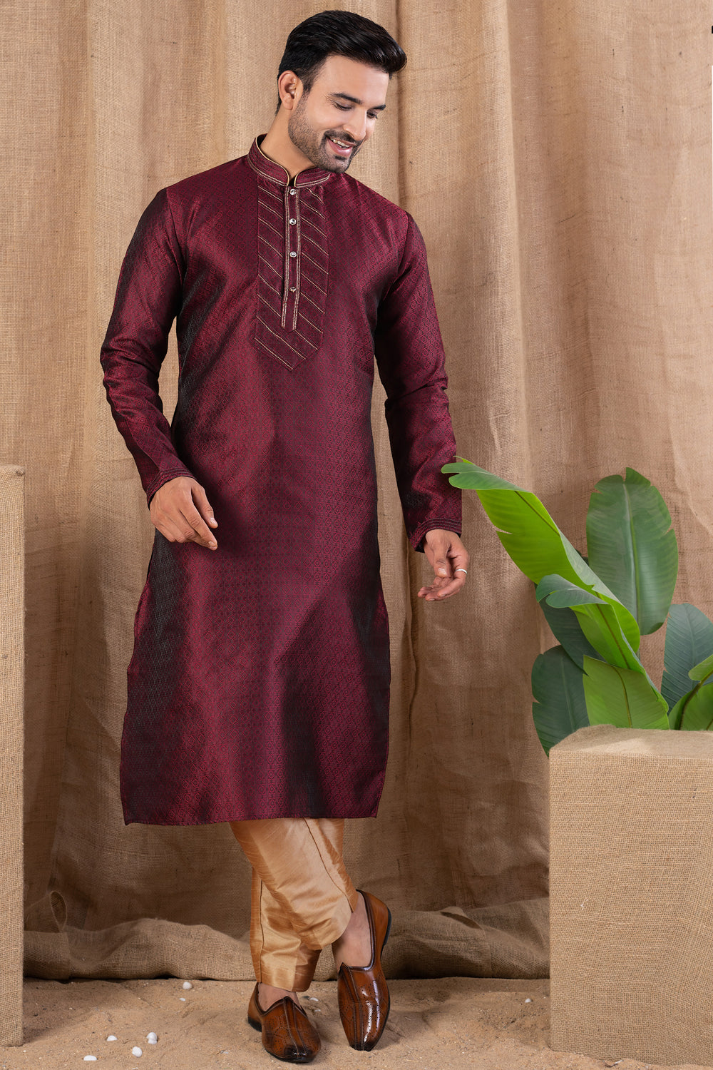Maroon Jaquard Kurta Pajama (NMK-8492) - Nihal Fashions