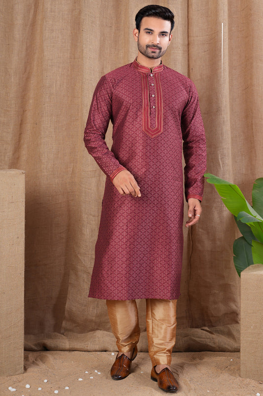 Maroon Jaquard Kurtas for Men (NMK-8499) - Nihal Fashions