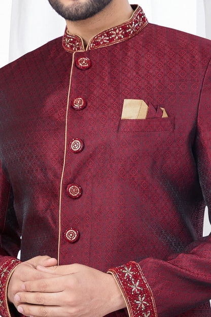 Maroon Jaquard Mens Indo Western (NMK-7785) - Nihal Fashions