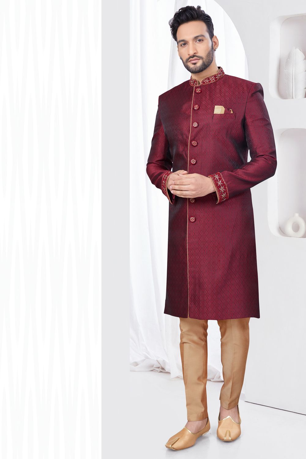 Maroon Jaquard Mens Indo Western (NMK-7785) - Nihal Fashions