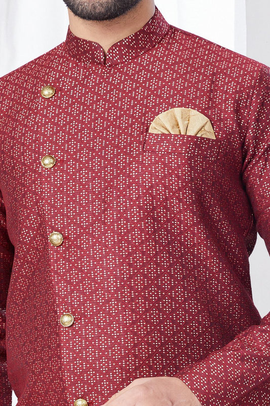 Maroon Jaquard Mens Indo Western (NMK-7841) - Nihal Fashions