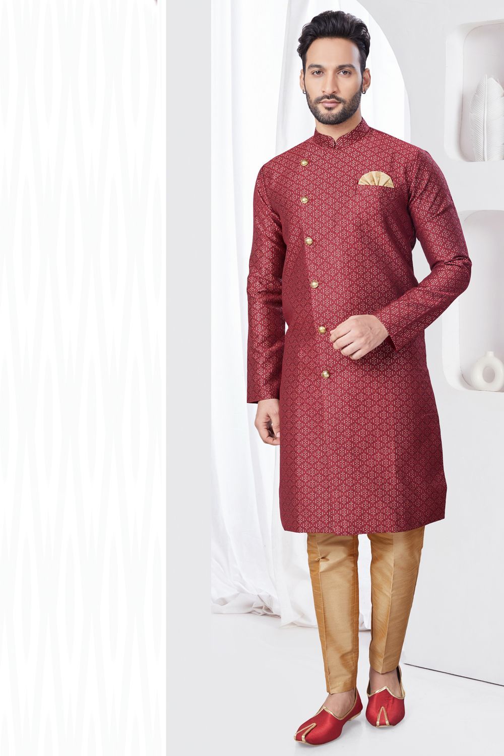 Maroon Jaquard Mens Indo Western (NMK-7841) - Nihal Fashions