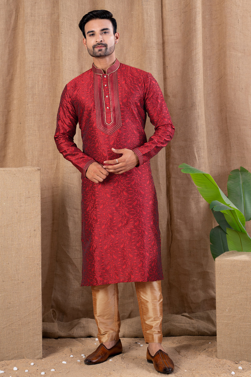 Maroon Jaquard Mens Kurta Pajama (NMK-8494) - Nihal Fashions