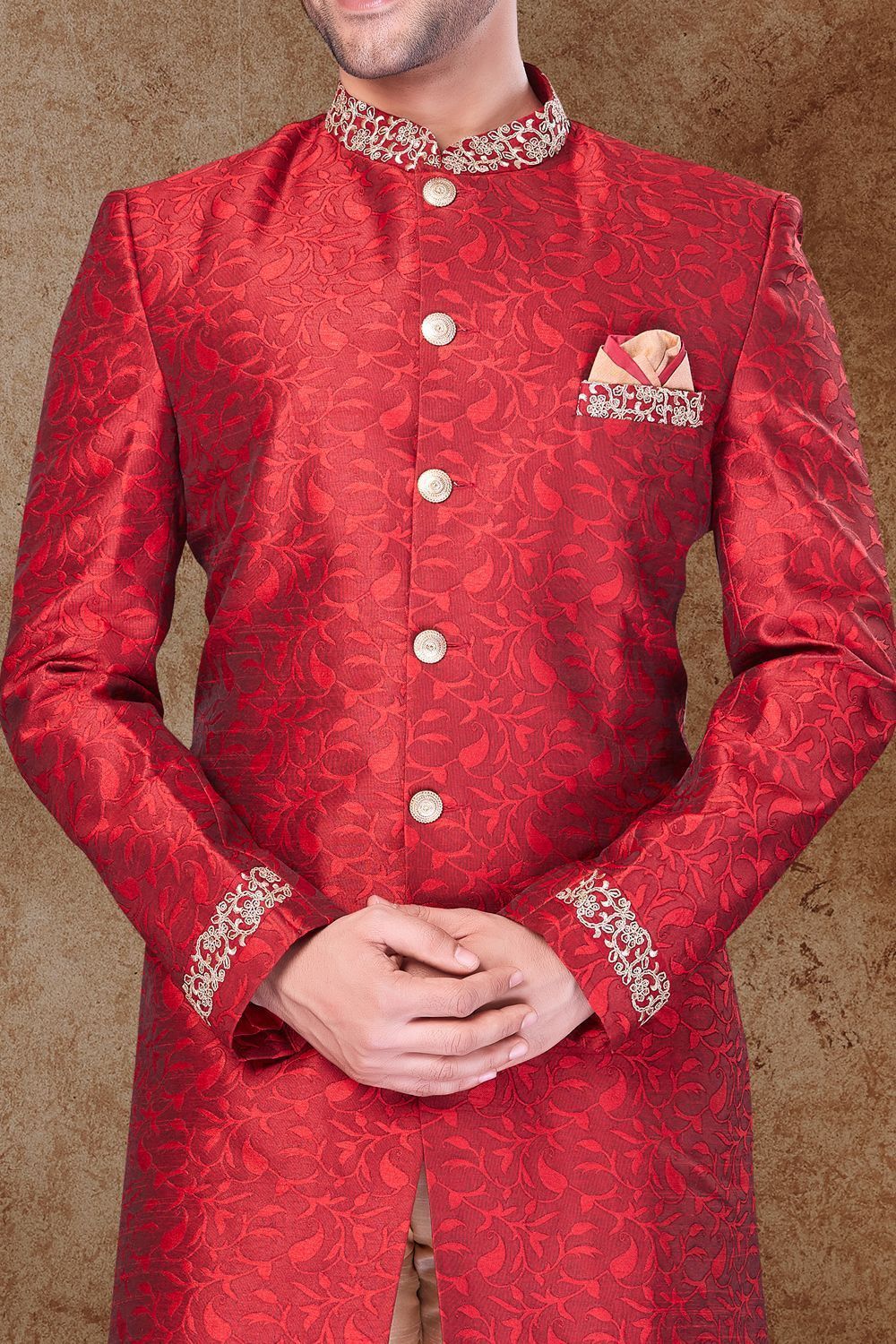 Maroon Jaquard Mens Sherwani (NMK-6754) - Nihal Fashions