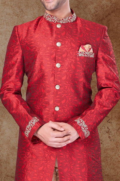 Maroon Jaquard Mens Sherwani (NMK-6754) - Nihal Fashions