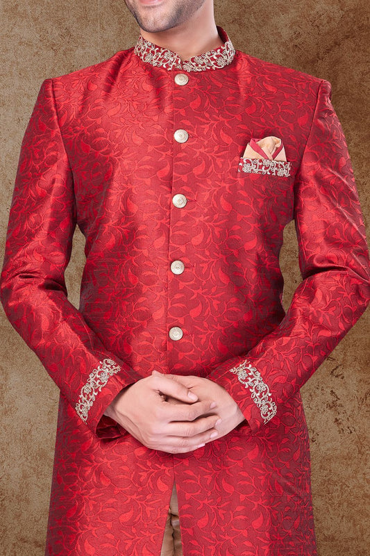 Maroon Jaquard Mens Sherwani (NMK-6754) - Nihal Fashions