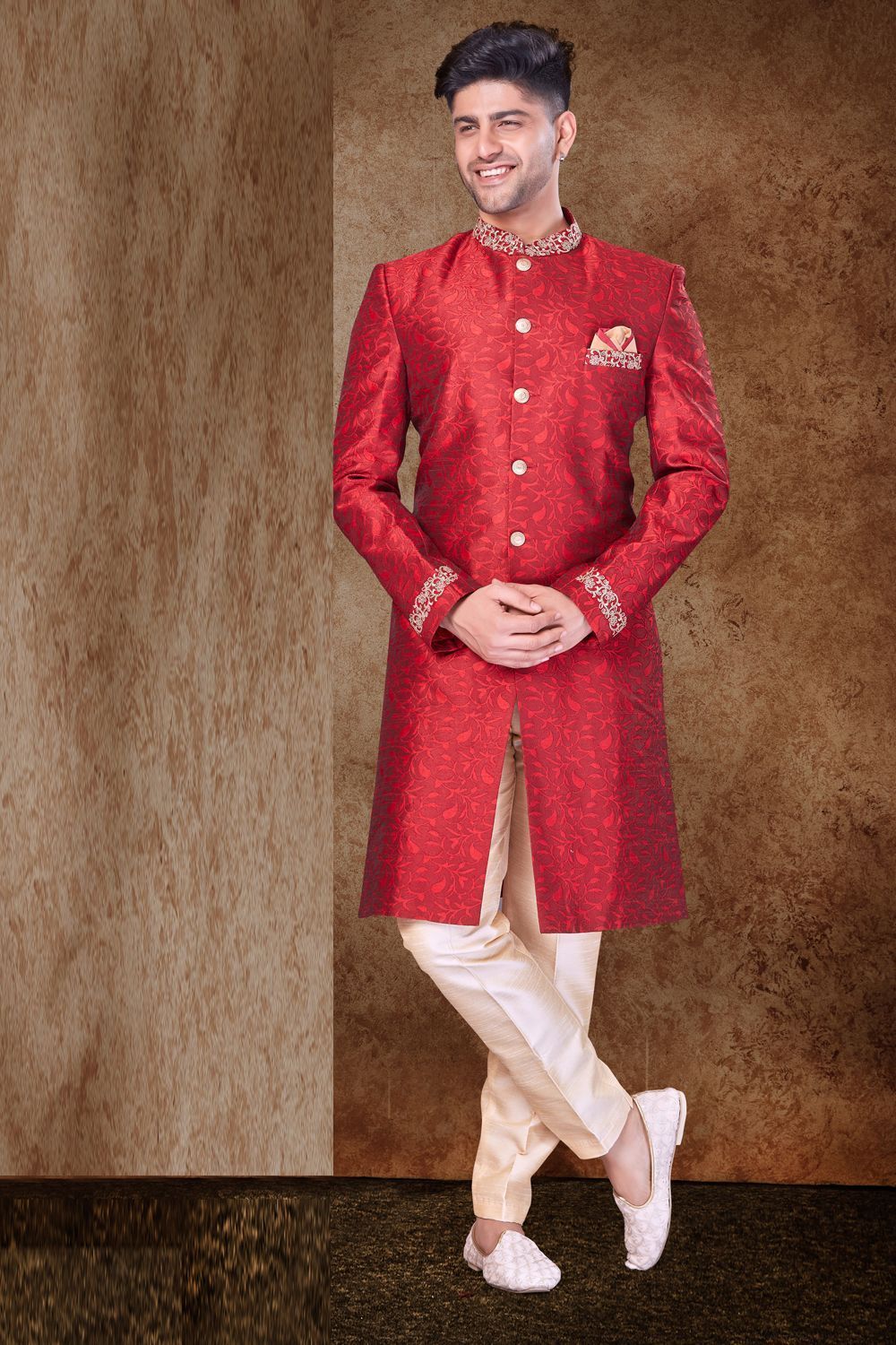 Maroon Jaquard Mens Sherwani (NMK-6754) - Nihal Fashions