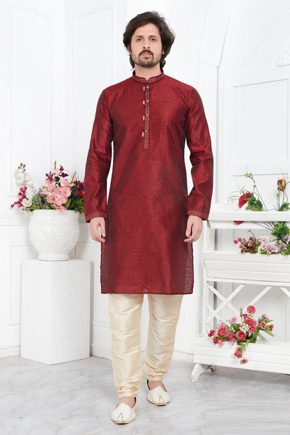 Maroon Jaquard Silk Brocade Kurta for Men (NMK-7739) - Nihal Fashions