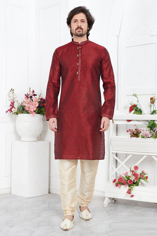 Maroon Jaquard Silk Brocade Kurta for Men (NMK-7739) - Nihal Fashions