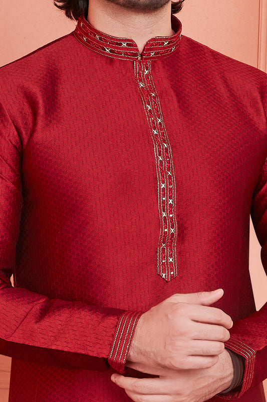 Maroon Jaquard Silk Brocade Kurta Pajama (NMK-8158) - Nihal Fashions