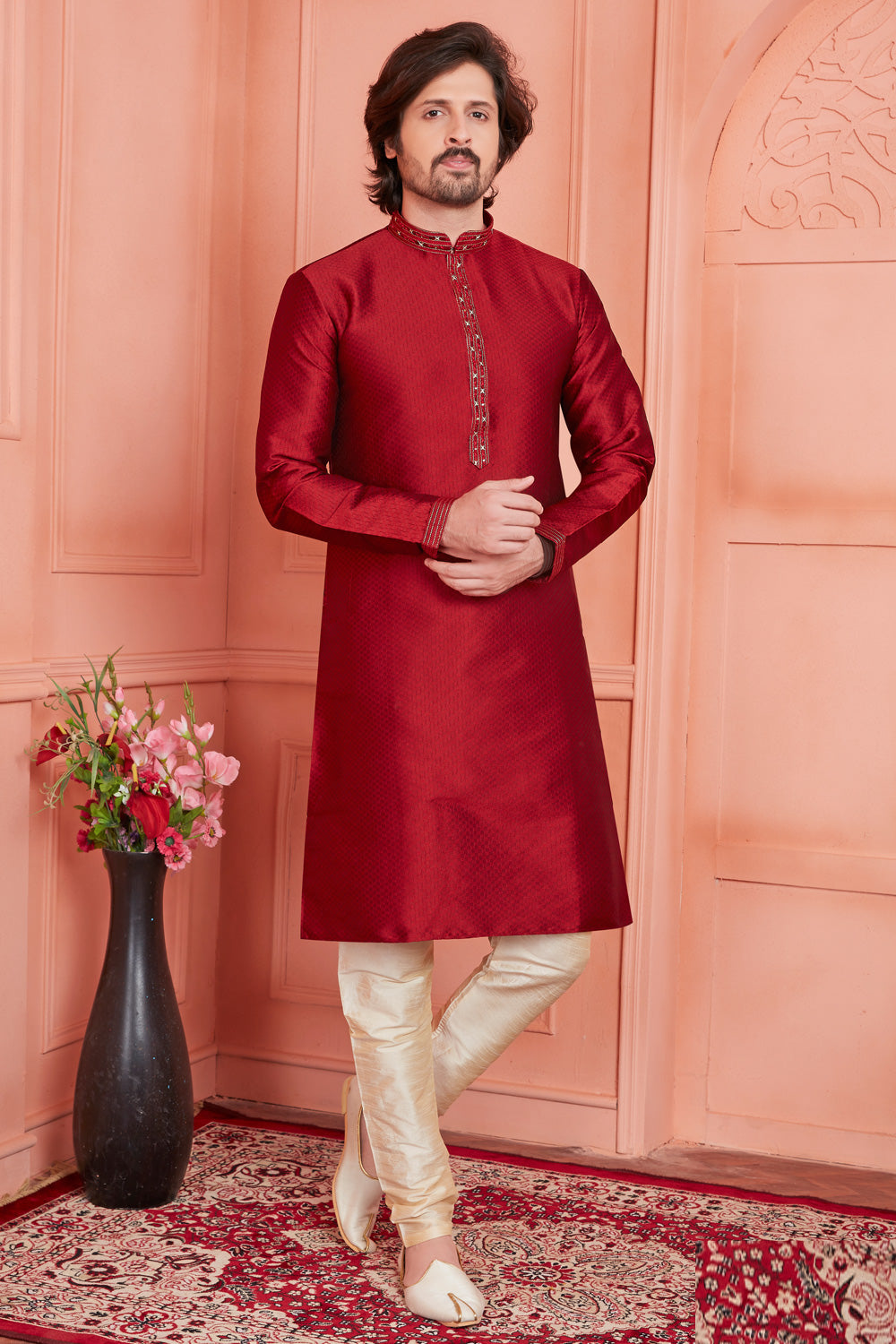 Maroon Jaquard Silk Brocade Kurta Pajama (NMK-8158) - Nihal Fashions