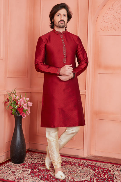 Maroon Jaquard Silk Brocade Kurta Pajama (NMK-8158) - Nihal Fashions