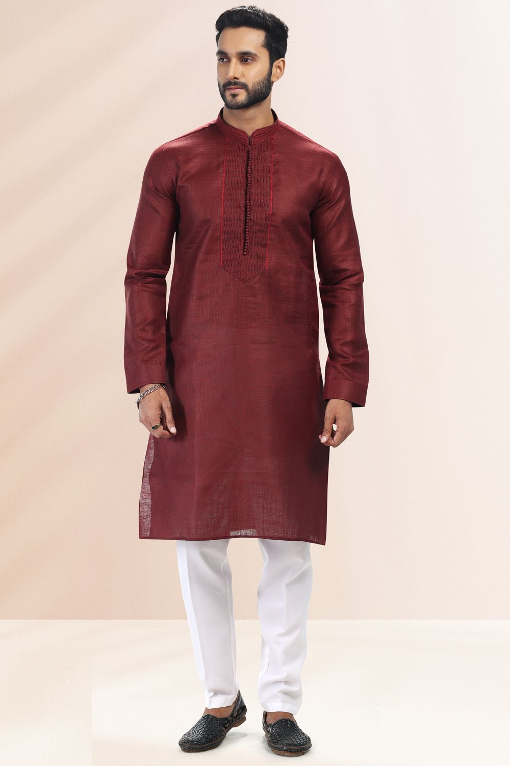 Maroon Linen Cotton Kurta for Men (NMK-6730) - Nihal Fashions