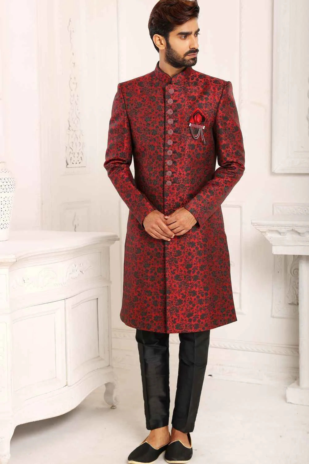Maroon Mens Jaquard Indo Western (NMK-6115)