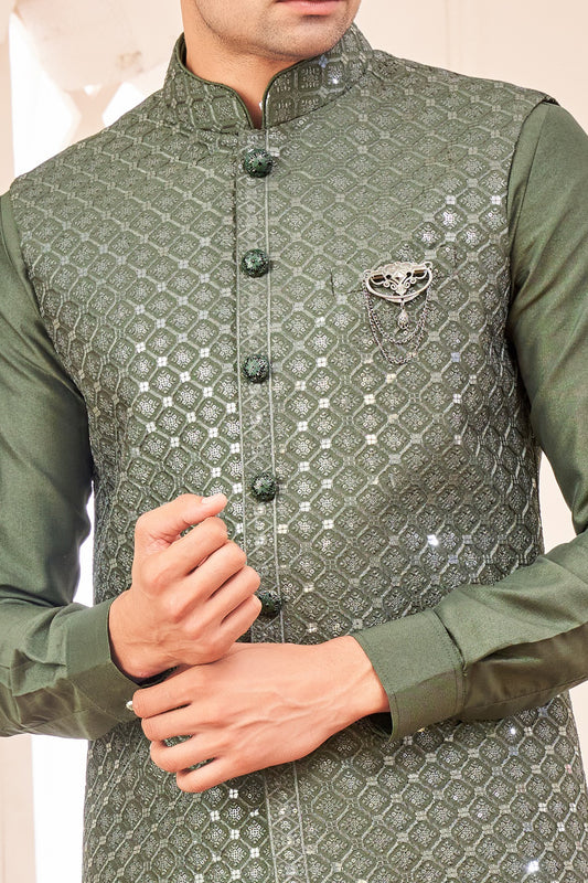 Mehendi Green Art Silk Nehru Jacket (NMK-8048) - Nihal Fashions