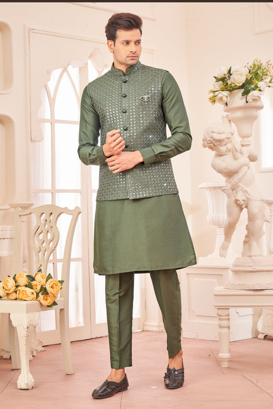 Mehendi Green Art Silk Nehru Jacket (NMK-8048) - Nihal Fashions