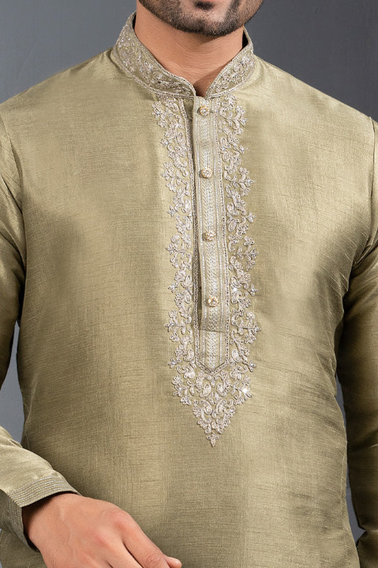 Mehendi Green Banglori Silk Kurta Pajama (NMK-8713) - Nihal Fashions