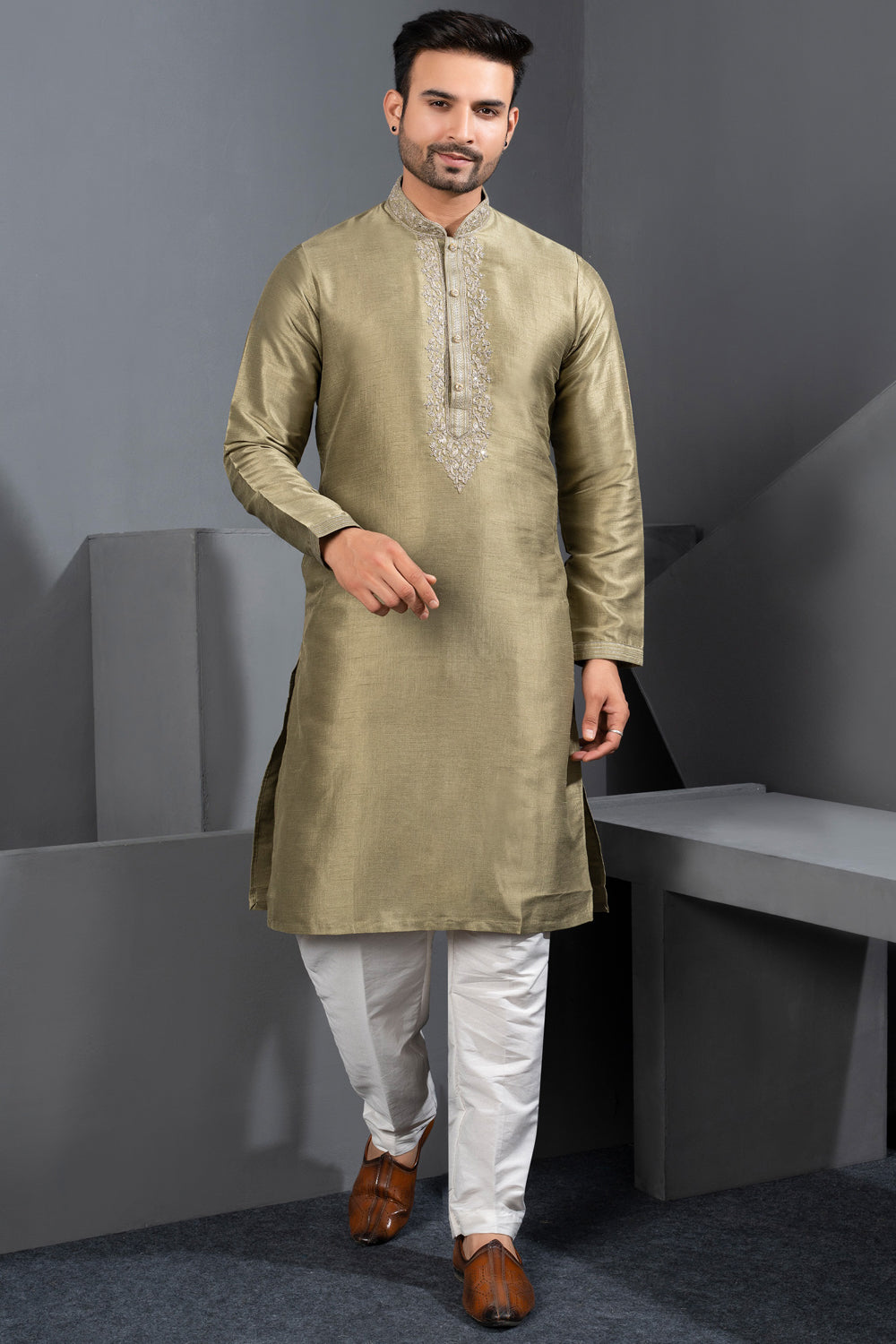 Mehendi Green Banglori Silk Kurta Pajama (NMK-8713) - Nihal Fashions