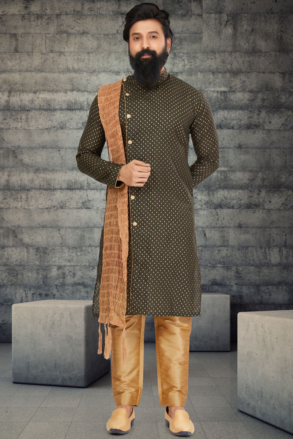Mehendi Green Cotton Silk Indo Western (NMK-6776) - Nihal Fashions