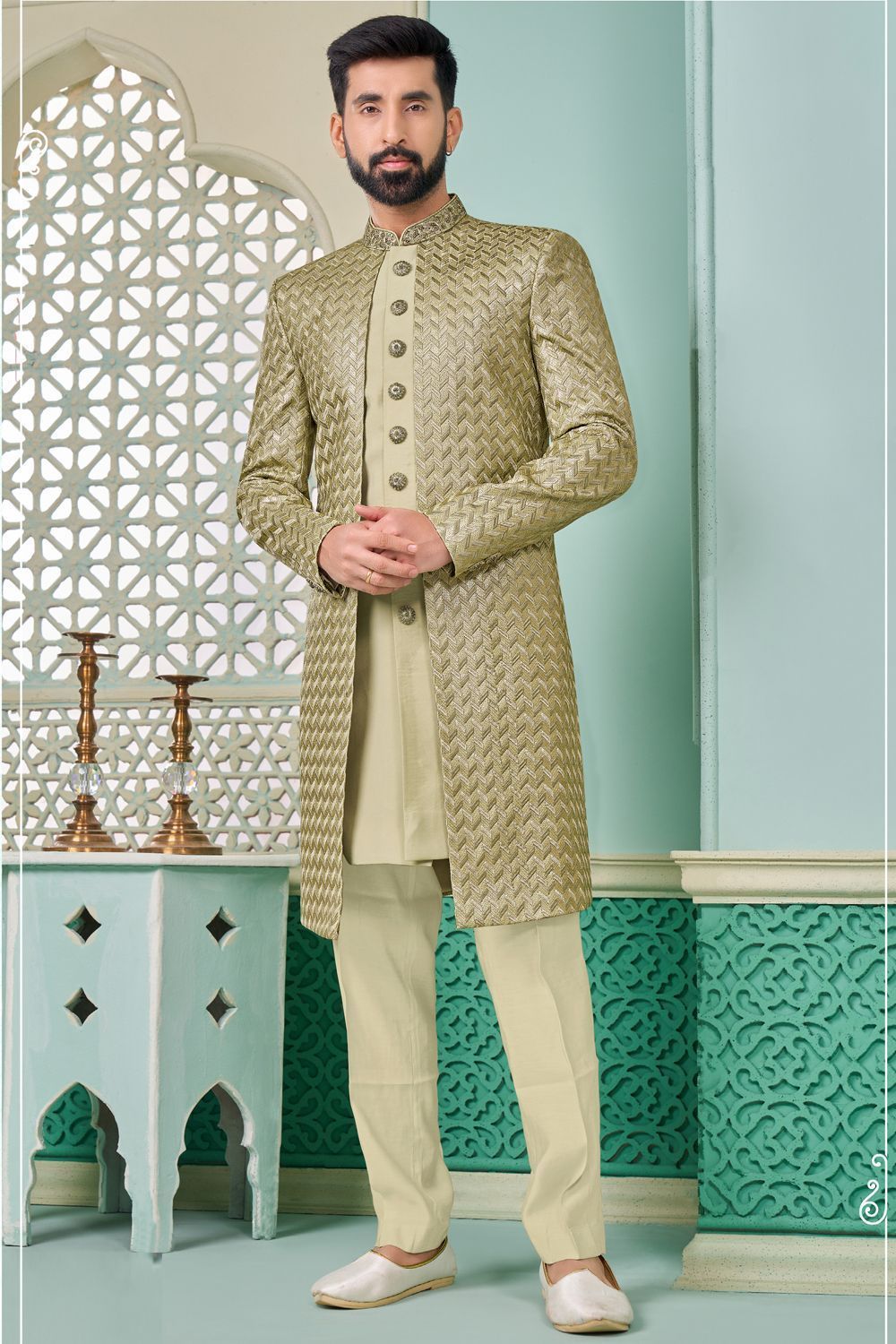Mehendi Green Embroidered Art Silk Indo Western (NMK-7651) - Nihal Fashions