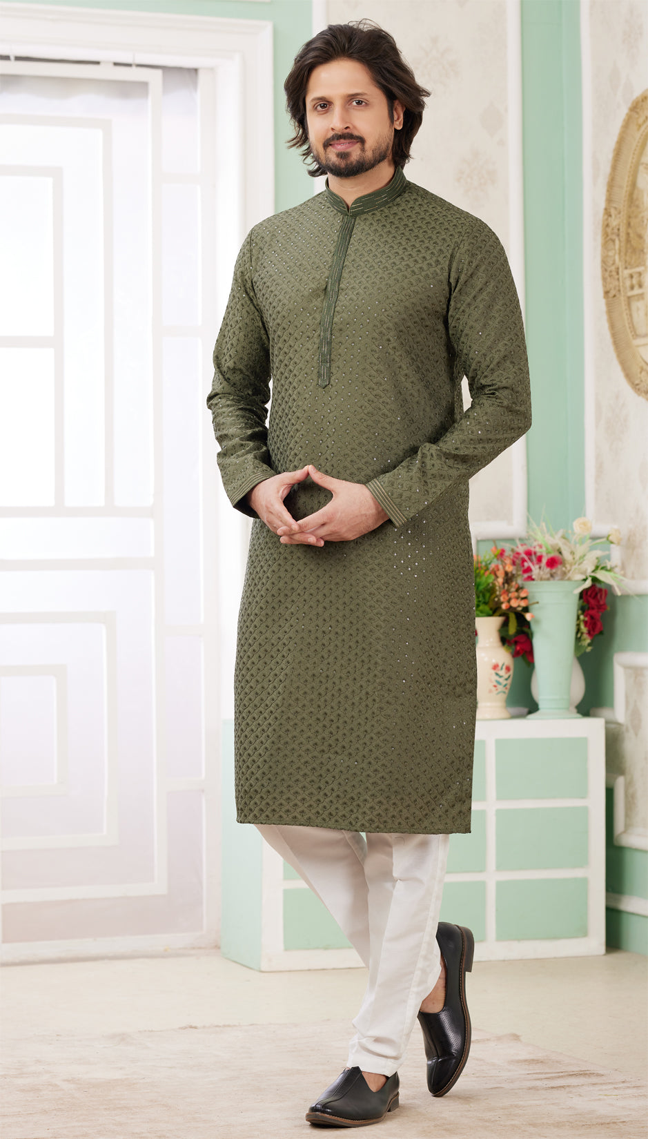 Mehendi Green Embroidered Art Silk Kurta Pajama (NMK-8359) - Nihal Fashions