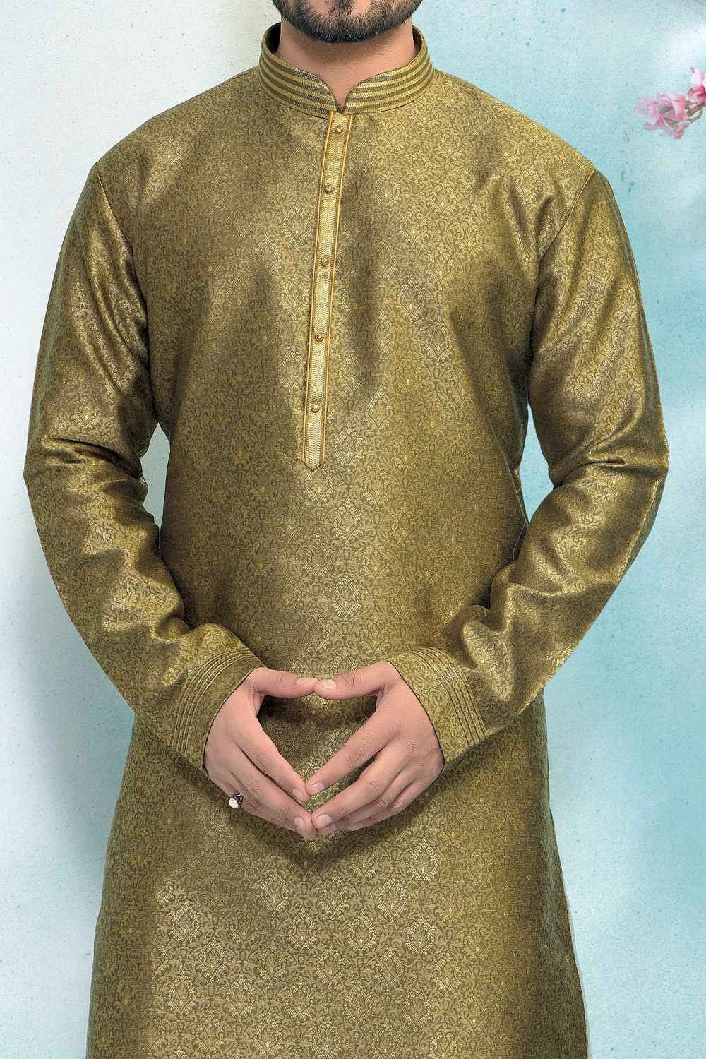 Mehendi Green Jaquard Silk Brocade Kurta (NMK-4903)
