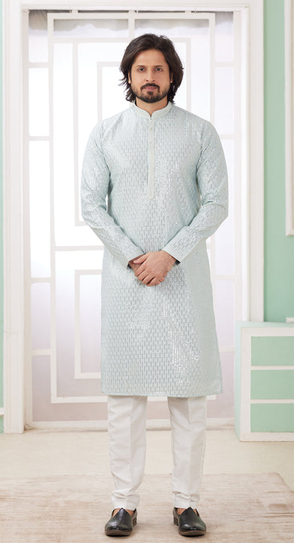 Mint Green Embroidered Art Silk Kurta for Men (NMK-8352) - Nihal Fashions