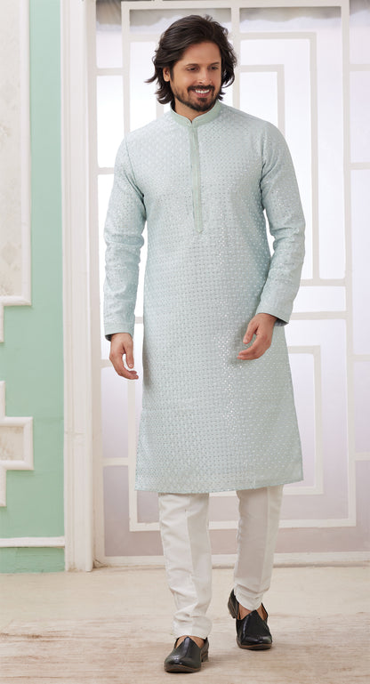 Mint Green Embroidered Art Silk Kurta Pajama (NMK-8350) - Nihal Fashions