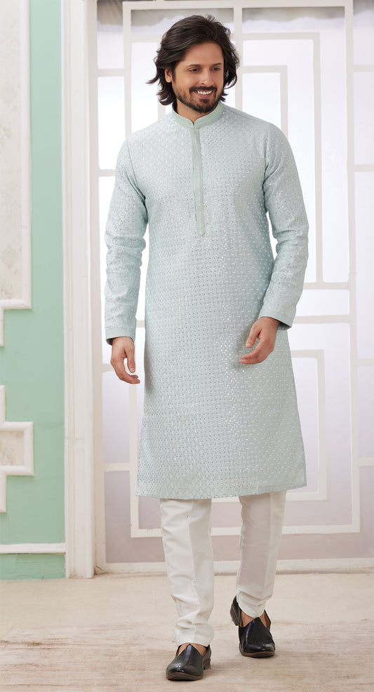 Mint Green Embroidered Art Silk Kurta Pajama (NMK-8350) - Nihal Fashions