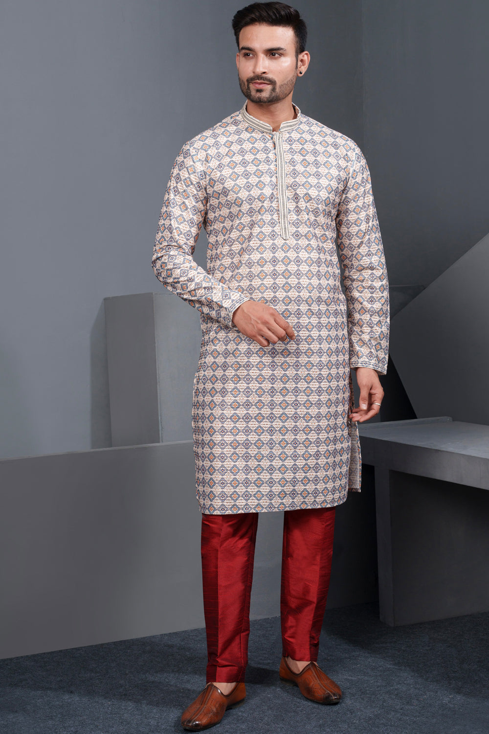 Multicoloured Popcorn Fabric Kurta Pajama (NMK-8769) - Nihal Fashions