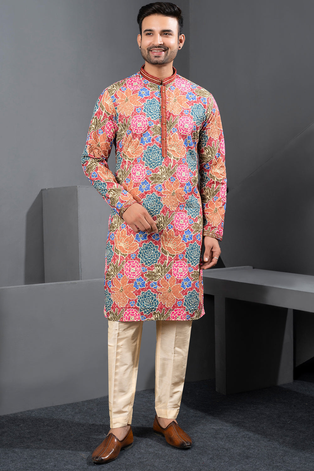 Multicoloured Printed Cotton Silk Casual Kurta (NMK-8754) - Nihal Fashions