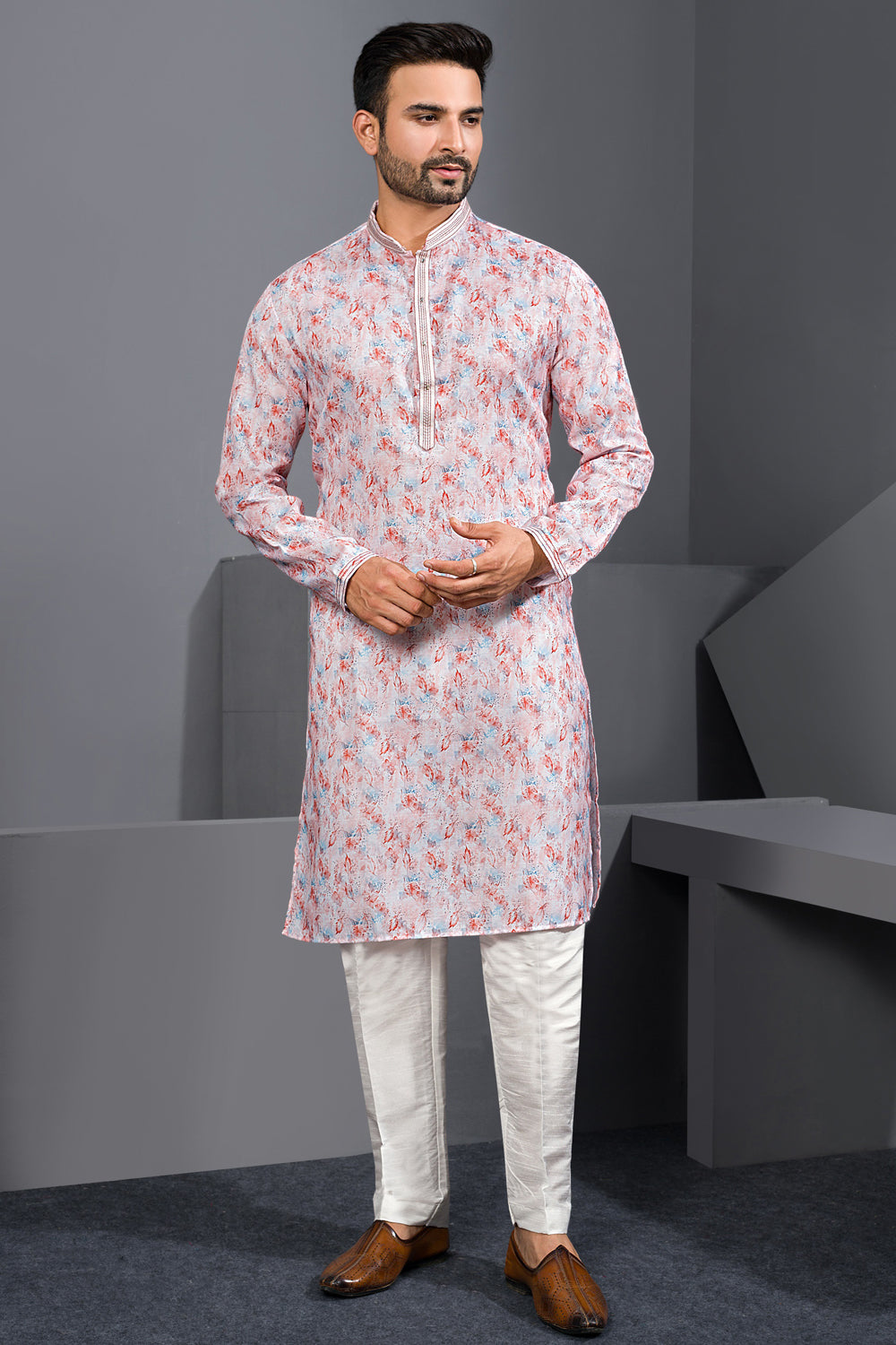 Multicoloured Printed Cotton Silk Indian Kurta (NMK-8761) - Nihal Fashions