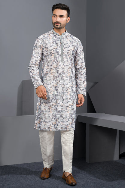 Multicoloured Printed Cotton Silk Kurta For Men (NMK-8760) - Nihal Fashions