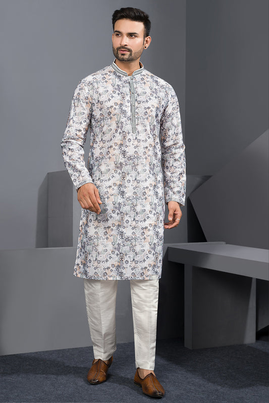 Multicoloured Printed Cotton Silk Kurta For Men (NMK-8760) - Nihal Fashions