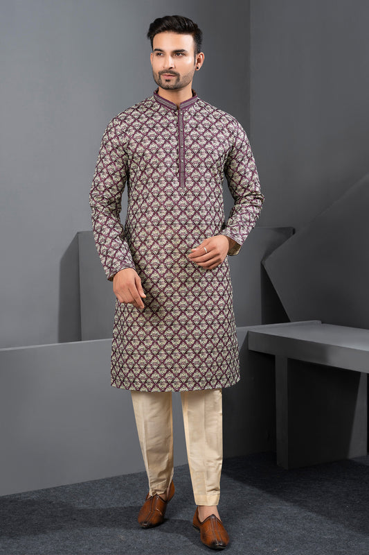 Multicoloured Printed Cotton Silk Kurta Pajama (NMK-8737) - Nihal Fashions