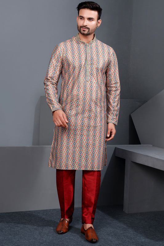 Multicoloured Printed Cotton Silk Kurta Pajama (NMK-8770) - Nihal Fashions