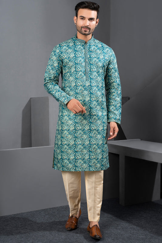 Multicoloured Printed Cotton Silk Mens Kurta Pajama (NMK-8738) - Nihal Fashions