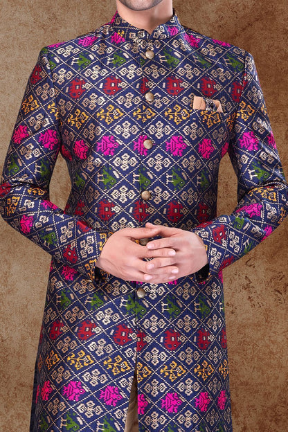 Multicoloured Silk Sherwani for Men (NMK-6759) - Nihal Fashions