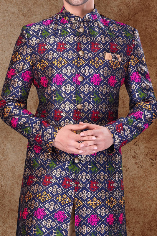 Multicoloured Silk Sherwani for Men (NMK-6759) - Nihal Fashions