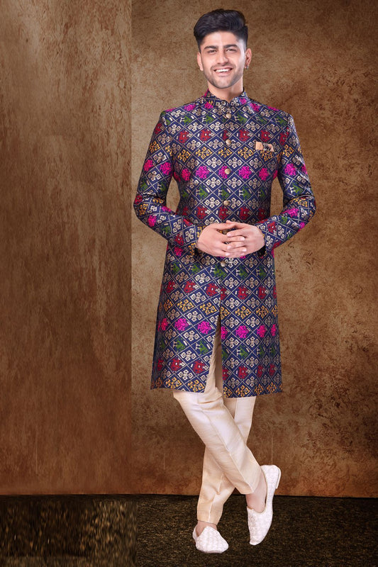 Multicoloured Silk Sherwani for Men (NMK-6759) - Nihal Fashions