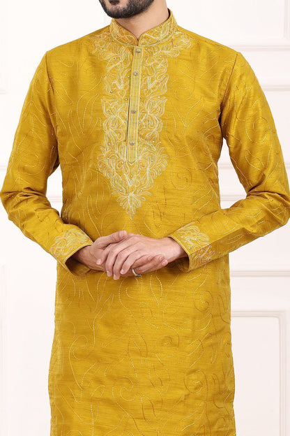 Mustard Art Banarasi Silk Kurta Pajama (NMK-7015) - Nihal Fashions