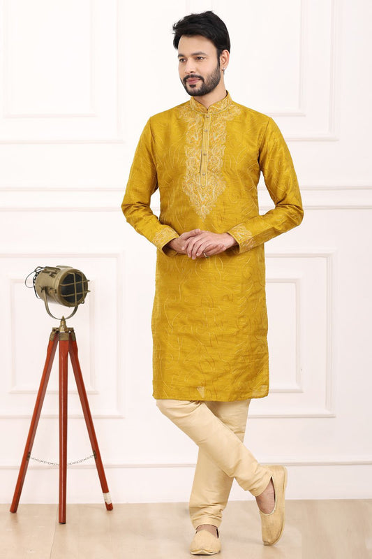 Mustard Art Banarasi Silk Kurta Pajama (NMK-7015) - Nihal Fashions